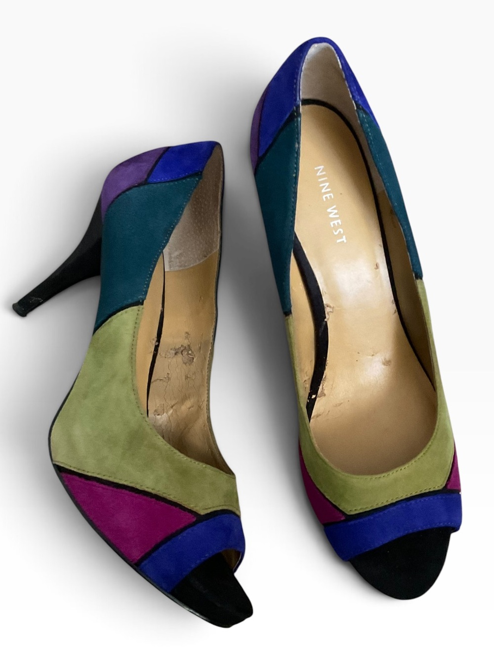 Nine West Multicolor Suede Colorblock Peep-Toe Heels Size 9